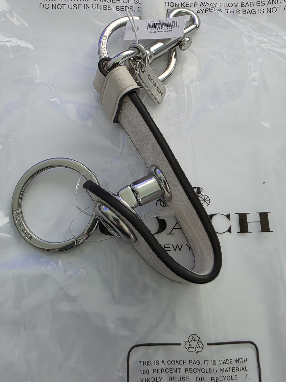 NWT Coach Trigger Snap Bag Charm / Keychain In Chalk Leather Silver Hardware - Picture 7 of 11